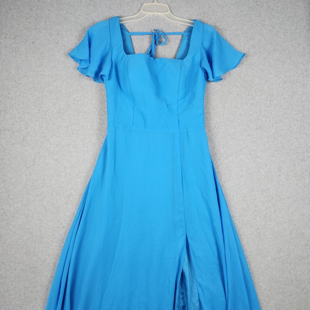 Womens 2 Wedding Dress Blue Flutter Sleeve Square Neck High Slit Lace Up Back